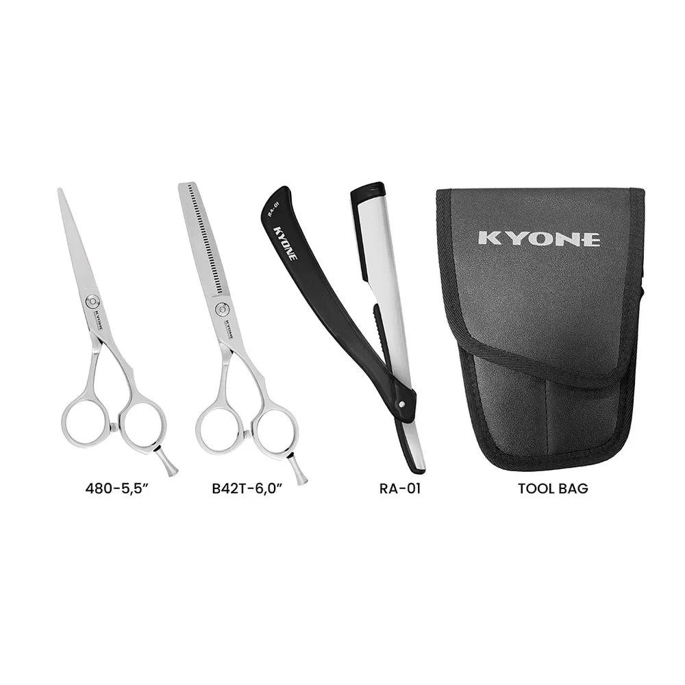 KYONE STS-02 Knipschaar + Effileerschaar + Scheermes + Holster Set