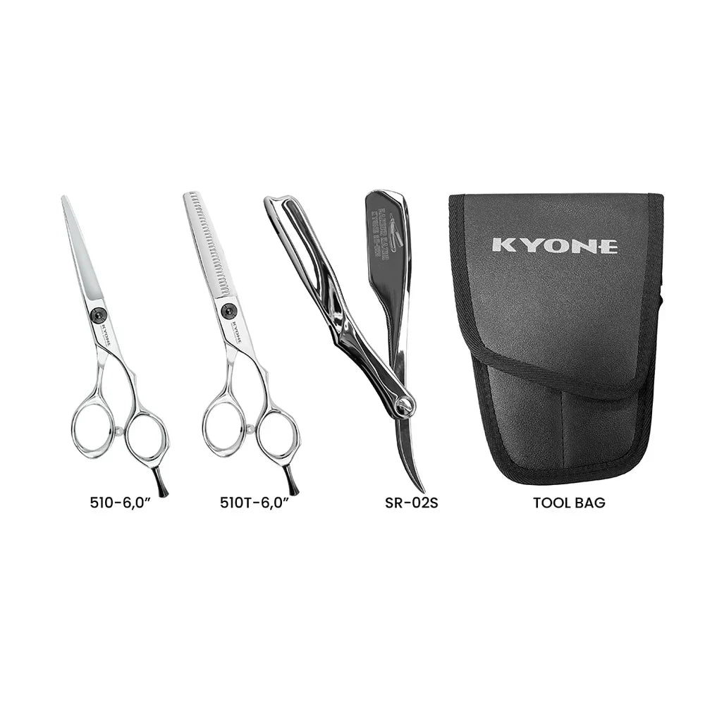 KYONE STS-08 Knipschaar + Effileerschaar + Scheermes + Holster Set